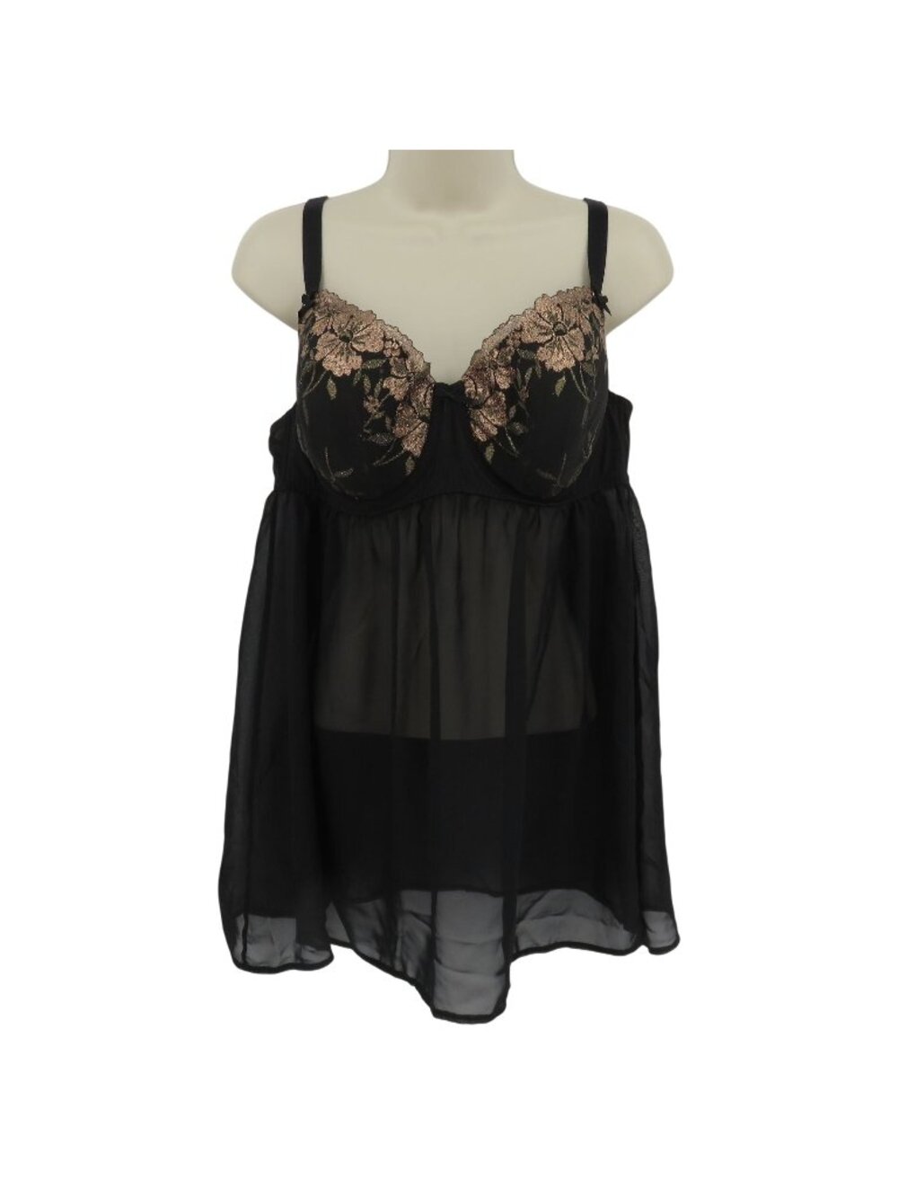 Cacique 38DD Babydoll Top Metallic Flower Floral Underwire Lined Sheer Black